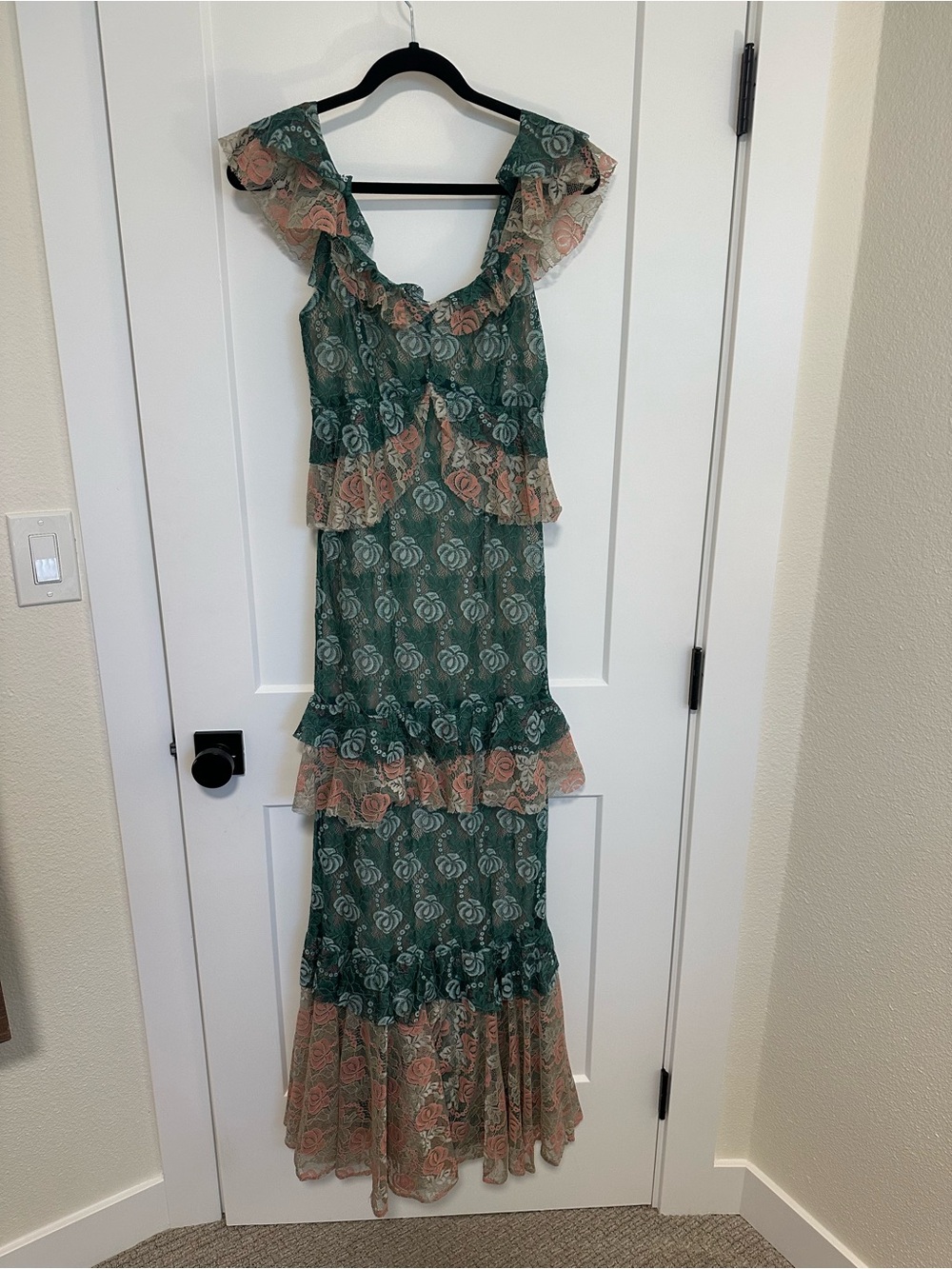 Green and Pink Ruffled Tiered Maxi Dress